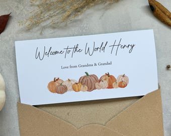 Personalised New Baby Gift Money Wallet - Pocket Card for Vouchers, Cash, Cheque or Tickets - Rustic Autumn Pumpkin Design