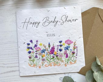 Personalised Baby Shower Card - Mum to Be Gift - Present for Parents of New Baby - Pretty Wildflower Meadow  - Seed Paper or White Card