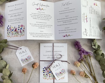 Wildflower Wedding Invitation Set |  Folded Invitations | Boho Wedding Invites | Rustic Wedding Invite Suite | Concertina Printed Trifold