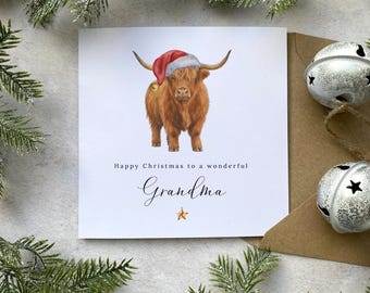 Christmas Card for Grandma, Nana, Granny - Personalised Gift from Grandchild - Seed Paper or White Card - Rustic Highland Cow