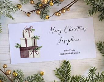 Personalised Christmas Money Wallet Card for vouchers, tickets or cash: Burgundy Present Stack Design