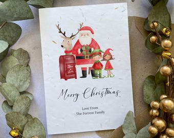 Personalised Family Christmas Cards Printed on Seed Paper or Normal White Card: Santa and Elves