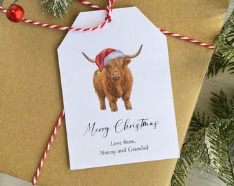 Personalised Christmas Gift tags: Rustic Highland Cow Design - Pack of 10