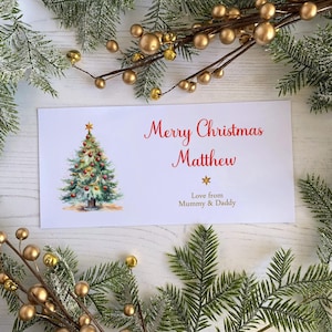 Monedero de regalo de Navidad personalizado: árbol tradicional rojo y dorado: billetera de bolsillo para tarjetas de regalo para vales de regalo o boletos