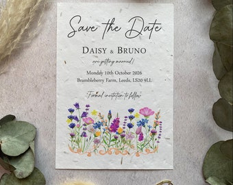 Colourful Wildflower Save The Dates Printed on Seed Paper: Rustic Summer Meadow Wedding Invites