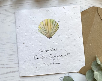 Personalised Engagement Card - Congratulations Gift for Couple Getting Married - Beach Wedding - Seed Paper - Sea Shell Seaside Proposal