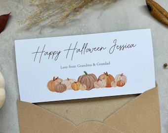 Personalised Halloween Gift Money Wallet - Pocket Card for Vouchers, Cash, Cheque or Tickets - Rustic Autumn Pumpkin Design