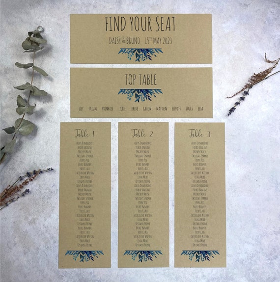 Rustic Personalised Table Plan Tags Dusty Dusky Blue Foliage Place Name Cards 