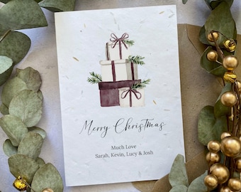 Personalised Family Christmas Cards Printed on Seed Paper or Normal White Card: Burgundy Present Stack