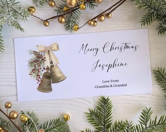 Personalised Christmas Money Wallet Card for vouchers, tickets or cash: Traditional Gold Bells
