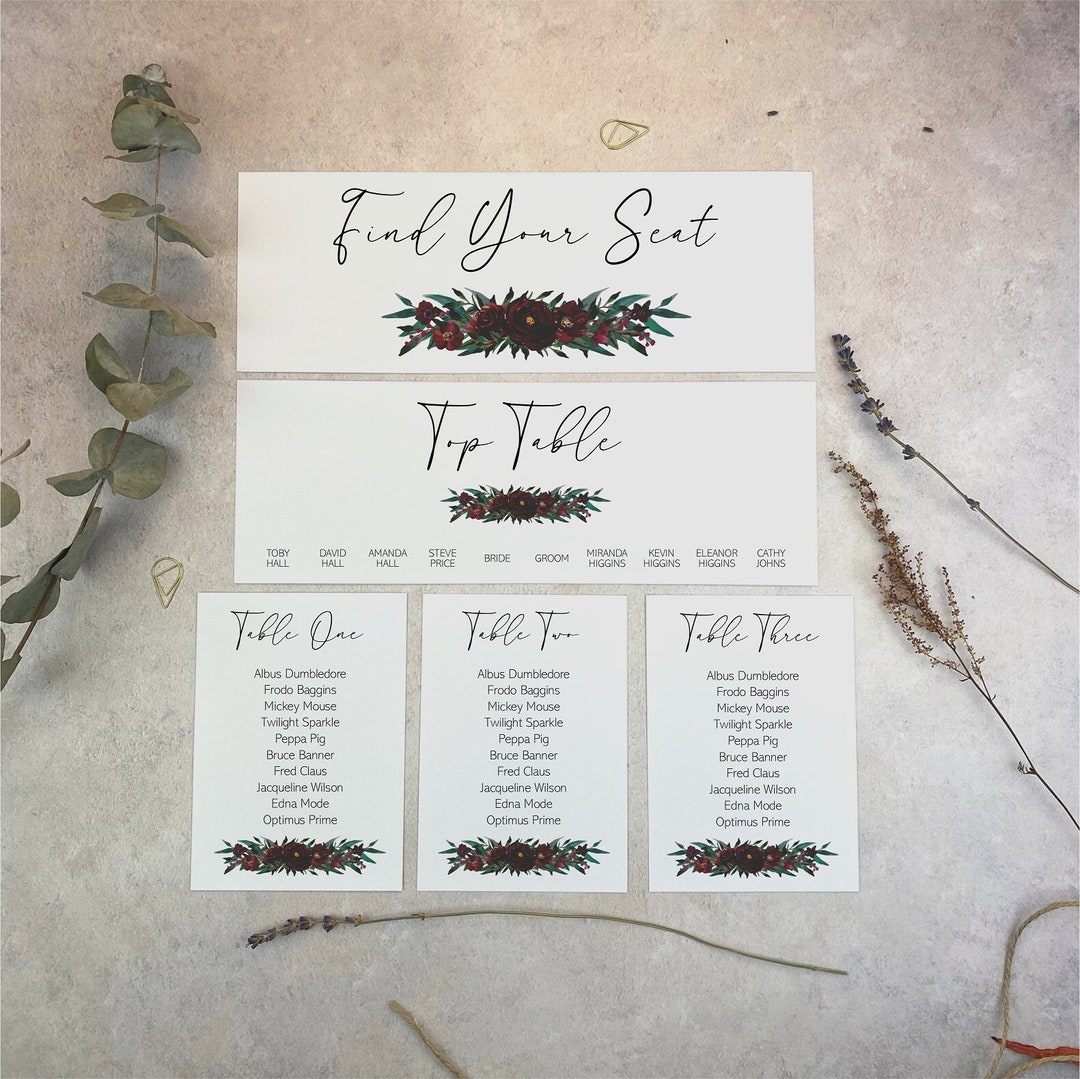 Burgundy Flower Wedding Table Plan Elegant Seating Plan Etsy UK