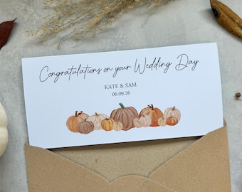 Personalised Wedding Day Money Wallet - Wedding Gift Pocket Card for Vouchers, Cash, Cheque or Tickets - Rustic Autumn Pumpkin Design