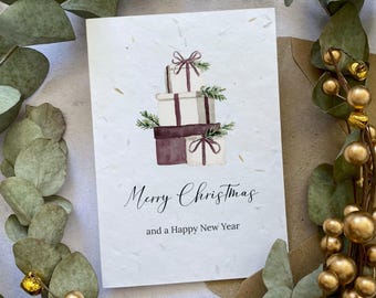Christmas Cards Multipack (Non-personalised) Printed on Seed Paper or Normal White Card: Burgundy Present Stack Design