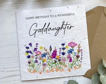 Personalised Birthday Card For Goddaughter - Pretty Wildflower Meadow Design - Seed Paper or White Card
