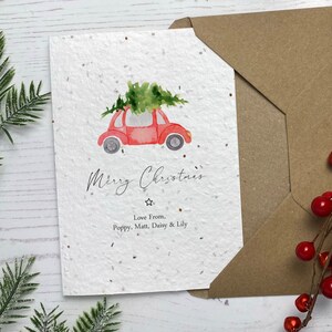 Car & Tree Family Christmas Cards, Personalised with Names, Printed on Plantable Seed Paper, Multipack, Matching Tags available