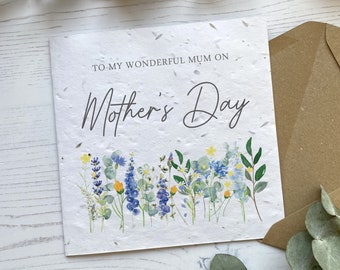 Personalised Happy Mother's Day Card | Floral Wildflower Mothering Sunday Gift | Seeded Plantable Card or White Card | Blue & Yellow Flowers