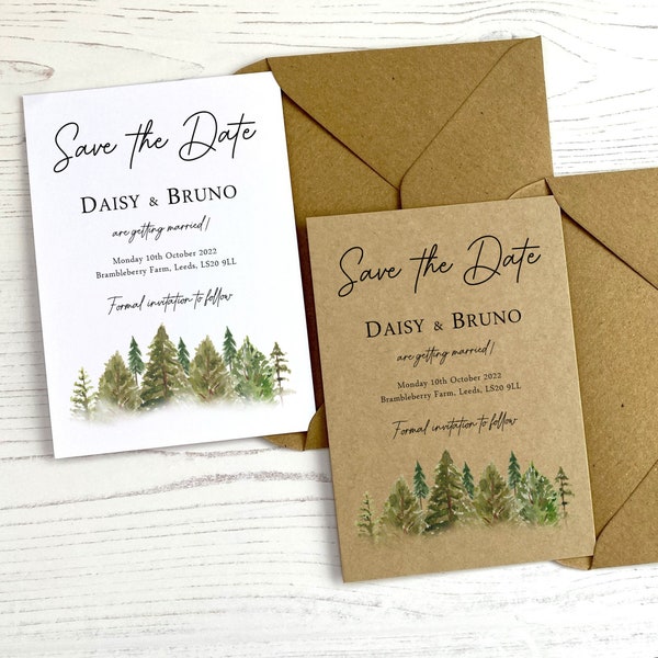 Forest Wedding Save The Dates with Trees | Rustic Woodland Outdoor Wedding Stationery | Retro Wedding Invites | Adventure Wedding Ideas