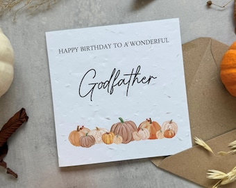 Personalised Birthday Card For Godfather - Plantable Seed Paper or White Card - Autumn Orange Pumpkin Design