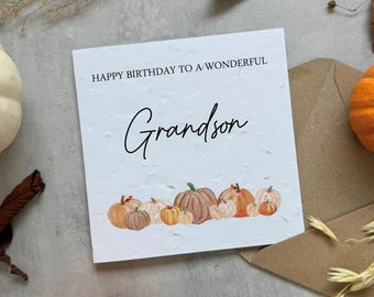 Personalised Birthday Card For Grandson - Plantable Seed Paper or White Card - Rustic Autumn Pumpkin Design