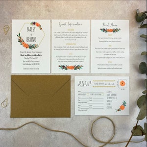 Burnt Orange Floral Wedding Invitation, Rustic Botanical Invites, Boho/Vintage Invitations, Autumnal Wedding Stationery