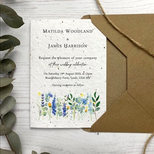 Seed Paper Wedding Invitations | Blue & Yellow Wildflower Wedding Invite Set | Plantable Invitation Set | Summer Wedding Stationery Idea
