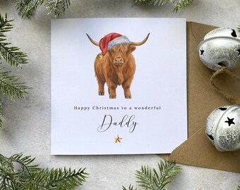 Christmas Card for Dad, Daddy, Dada - Personalised Gift from Child - Seed Paper or White Card - Rustic Highland Cow