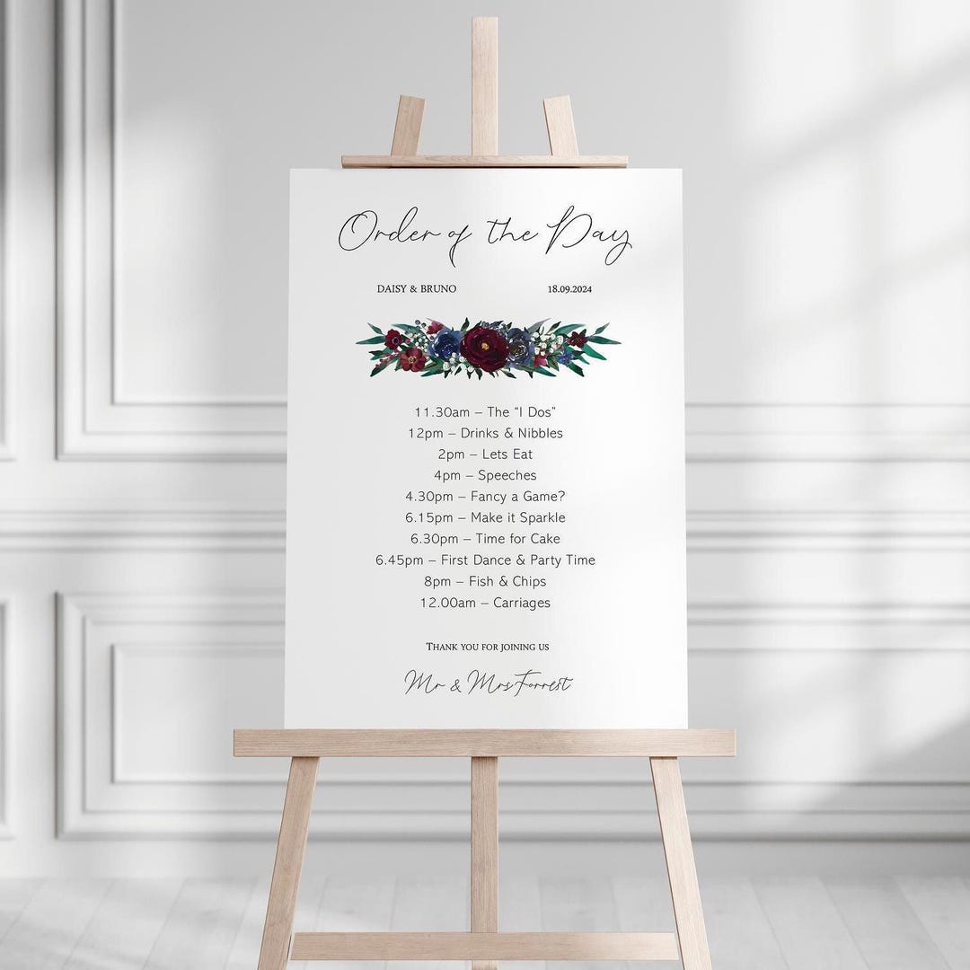 Burgundy & Navy Blue Order of the Day Wedding Sign | A1 Classic Wedding ...