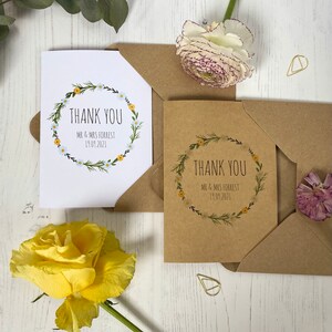 Personalised Daisy Wildflower Kraft Wedding Thank You Cards, 10 pack Mr & Mrs, Rustic Country Natural Bohemian Wedding Gratitude Cards