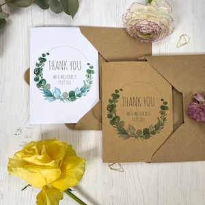 Personalised Eucalyptus Wedding Thank You Cards, 10 pack Mr & Mrs, Rustic Country Chic Natural Bohemian Wedding Gratitude Cards, Kraft/White