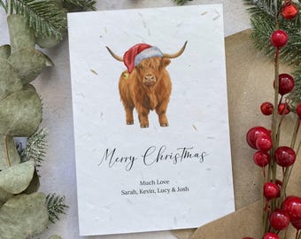 Personalised Family Christmas Cards Printed on Seed Paper or Normal White Card: Rustic Highland Cow Design