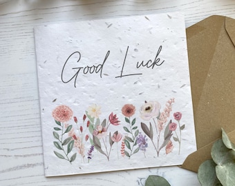 Good Luck Card - Pretty Floral Greeting Card - Seed Paper or White Card - Recycled Ecofriendly Gift - Personalised Wildflower Plantable Card