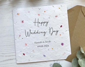 Personalised Wedding Card - Happy Wedding Day Keepsake - Pretty Newly Wed Congratulations Gift - Seed Paper Or White Card - Message Inside