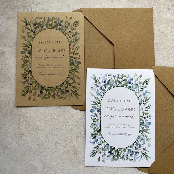 Wedding Save the Date Cards with Botanical Green Foliage, Printed on Rustic Brown Kraft Card or White Card, Classic Wedding Stationery