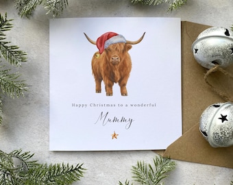 Christmas Card for Mum, Mummy, Mama, Mom - Personalised Gift from Child - Seed Paper or White Card - Rustic Highland Cow