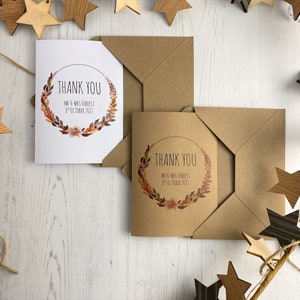 Personalised Autumn Boho Wedding Thank You Cards, 10 pack, Mr & Mrs, Rustic Country Natural Bohemian Wedding Gratitude Cards, Kraft/White