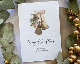 Personalised Family Christmas Cards Printed on Seed Paper or Normal White Card: Traditional Xmas Bells