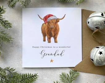 Christmas Card for Grandad, Gramps, Pops, Papa - Personalised Gift from Grandchild - Seed Paper or White Card - Rustic Highland Cow