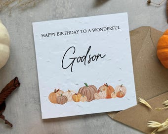 Personalised Birthday Card For Godson - Plantable Seed Paper or White Card - Autumn Orange Pumpkin Design