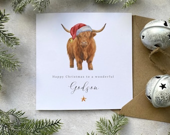 Christmas Card for Godson - Personalised Godson Xmas Card - From Godparents - White Card or Seed Paper - Highland Cow