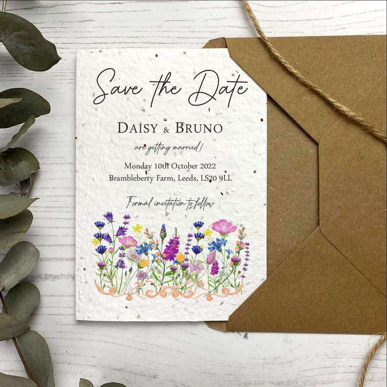 Wildflower Plantable Seed Card Save The Dates, Sustainable Wedding Stationery, Seeded Paper Save Our Evening, Pretty Boho Wedding Invite image 1