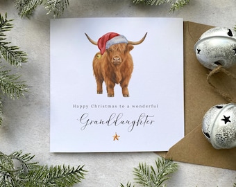 Personalised Christmas Card for Granddaughter - Xmas Gift from Grandparents - Rustic Highland Cow - Seed Paper or White Card