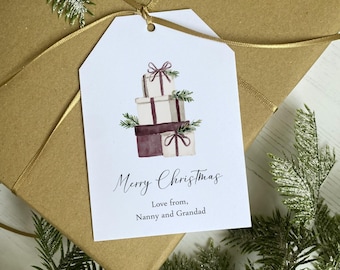 Personalised Christmas Gift tags: Burgundy Present Stack Design - Pack of 10