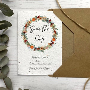 Autumn Wedding Save The Dates with Eucalyptus & Burnt Orange Flowers, Plantable Seed Paper, Unique Stationery Idea, Boho Save our Evenings