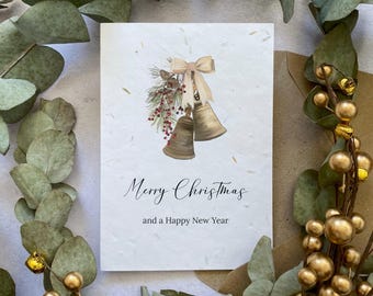 Christmas Cards Multipack (Non-personalised) Printed on Seed Paper or Normal White Card: Traditional Gold Bells
