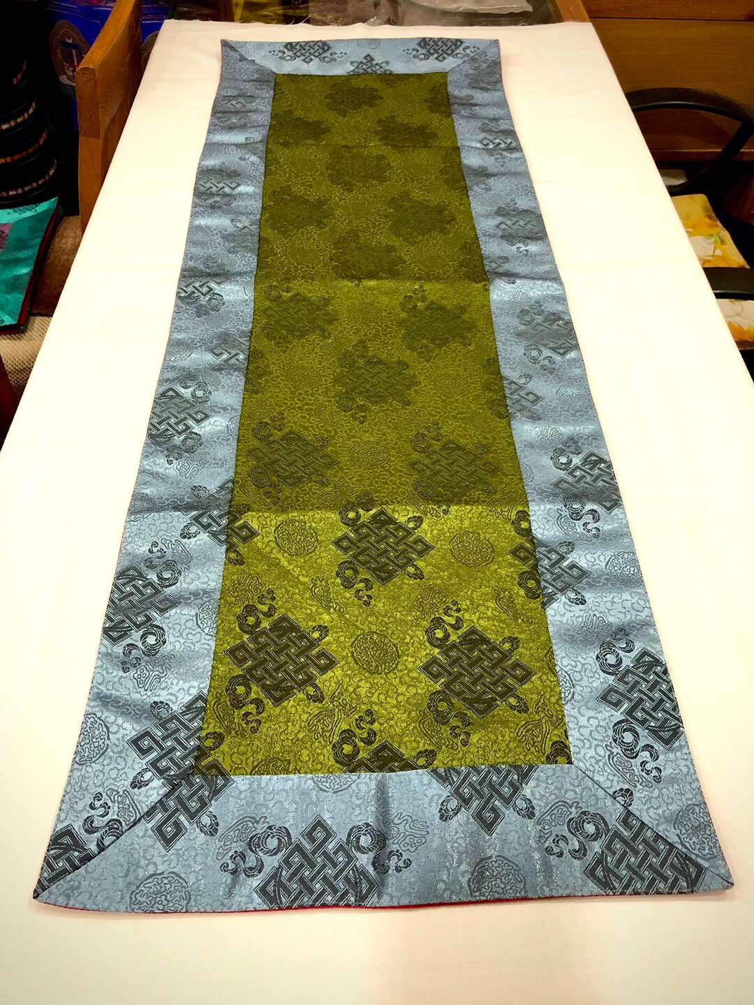 Tibetan Buddhist Green Endless Knot Light Silk Brocade Table Runner