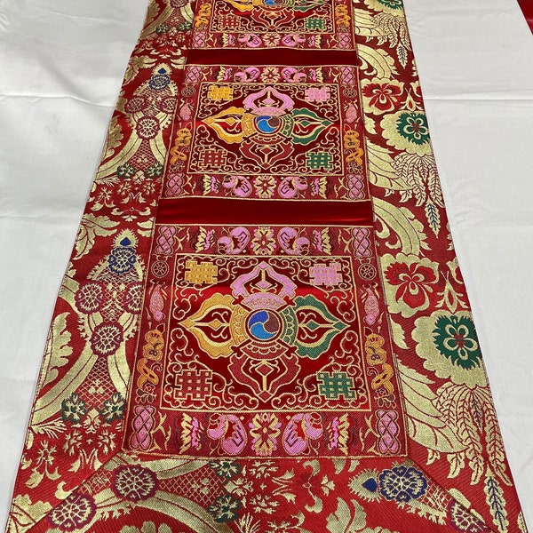 Tibetan buddhist red double dorje silk brocade table runner / shrine cover / altar cloth / table cover /free shipping