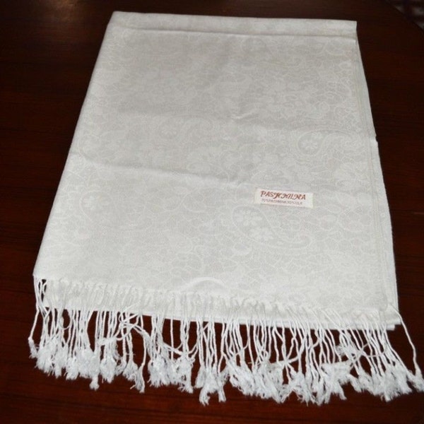 Tibetan Buddhist Pashmina and Silk White Meditation Shawl with Self Design / Free Shipping