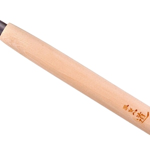 May include: A wooden tool with a metal tip, used for carving. The handle is made of light wood and has Japanese text on it.