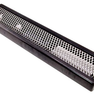 May include: A rectangular black object with a silver mesh grill. The object has a slightly curved top and bottom, and the mesh is made of a diamond pattern. The item is set against a white background.