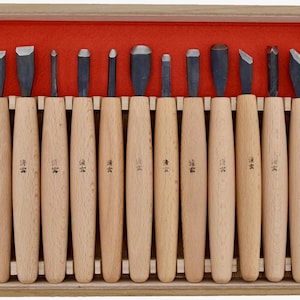 Seigen 14 Tools Wood Carving Chisel Set with Blue Steel (Aogami) No.2 Blades Wooden Box Kiri box Ideal to Shape & Carve Wood in Woodworking